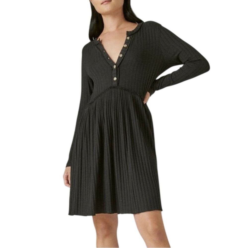 Lucky Brand Ribbed Black Smock Dress, Button Up V-Neck, Long Sleeve, Size XS NWT